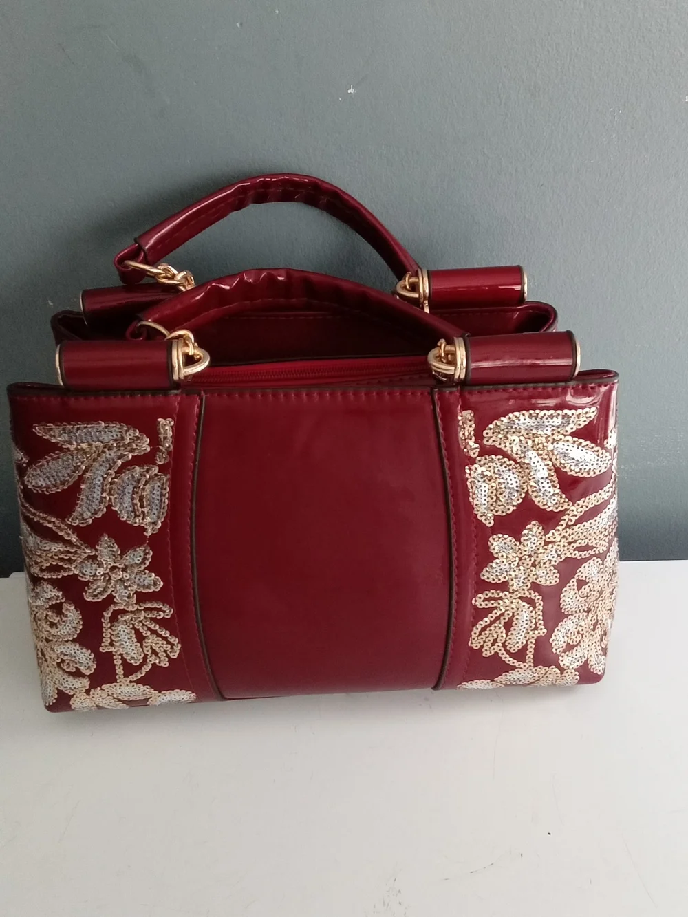Red Patent Faux Leather Sequin Floral Embroidered Satchel Handbag Gold Hardware